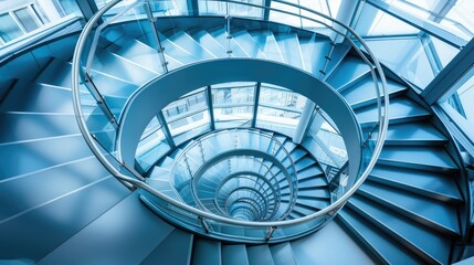 Spiral staircase inside a modern cylindrical building with glass floors