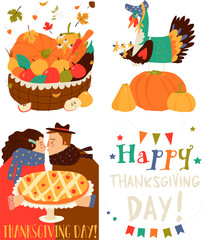 Set of Thanksgiving card with turkey and harvest