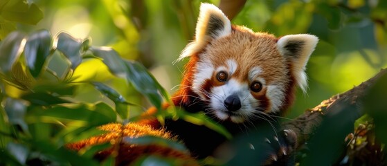 Obraz premium Curious Red Panda Exploring the Lush Forest Canopy