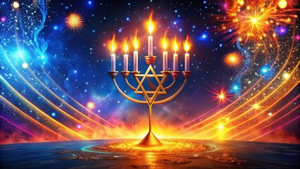 Naklejka premium Vibrant Celestial Hanuka Nightscape Illuminated Vector Flames