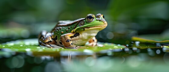 Fototapeta premium Serene Tiny Frog Perched on Green Lily Pad in Tranquil Pond