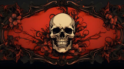 Skull with Flowers and Ornate Frame.