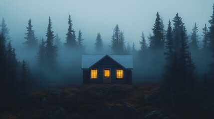 Cozy Cabin in a Misty Forest with Warm Lights Illuminating the Windows During Twilight