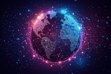 Obraz premium Global Financial Connections: Minimal Line Art Globe with Digital Network Overlay