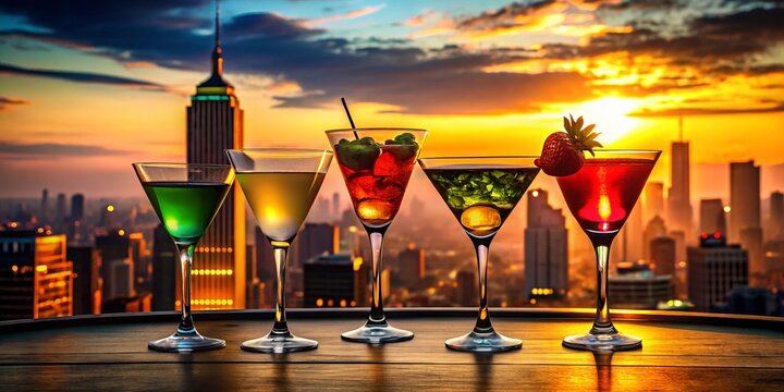 A photo image of a group of cocktail glasses with a festive drink menu in the background, set against a dark silhouette of a cityscape at sunset.
