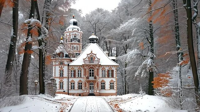 Mansion in winter landscape with snow on beautiful road. An old manor with beautiful gates is covered with snow. Forest road in winter wonderland 4k video