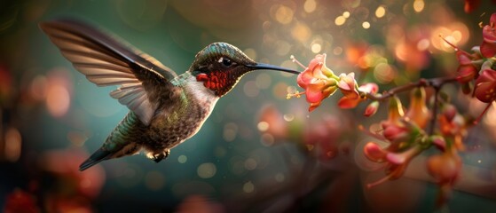 Fototapeta premium Graceful Hummingbird Hovering by Vibrant Flower in Garden Oasis