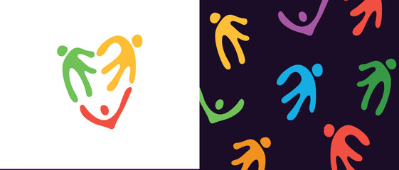 Obraz premium three people in heart shape logo icon symbol, concept of charity donation, social community network connection group for children kids teenagers. abstract human background texture pattern