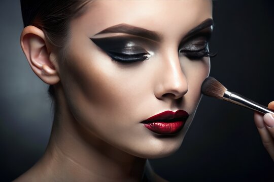 photo image of a close-up make makeup application on a black background with a subtle gradient of dark grey