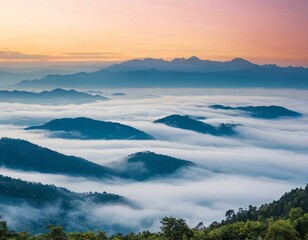 Obraz premium Mountains under mist in the morning Amazing nature scenery. Nature background and Adventure concept. Ai generated images