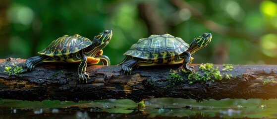 Tiny Turtles Basking in the Sun on a Log in a Peaceful Pond