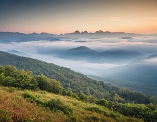 Obraz premium Mountains under mist in the morning Amazing nature scenery. Nature background and Adventure concept. Ai generated images