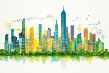 Obraz premium Data-Driven Futurism: Minimalistic Illustration of a City Skyline Crafted from Graphs and Charts