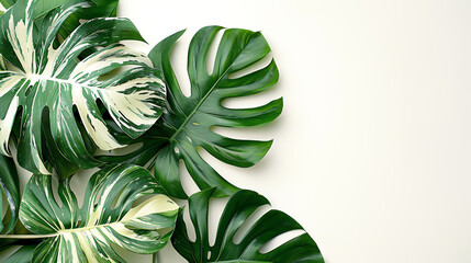 White background, surrounded by Variegated monstera leaves