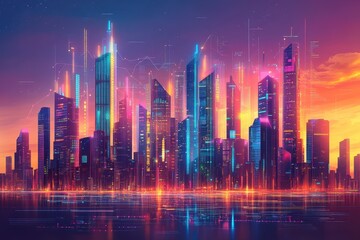 Fototapeta premium Digital Futuristic Cityscape: Abstract Graphs and Charts Skyscraper Illustration