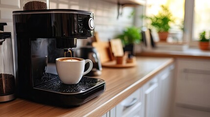 Espresso machine pours coffee into cup. The image shows the espresso machine brewing a cup of coffee in a modern kitchen, perfect for showcasing the process of making coffee.
