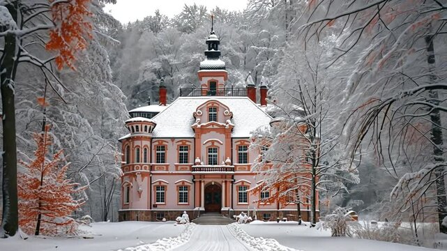 Mansion in winter landscape with snow on beautiful road. An old manor with beautiful gates is covered with snow. Forest road in winter wonderland 4k video