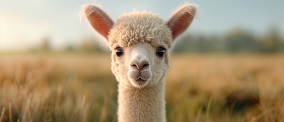 Adorable Baby Alpaca with Fluffy Coat Looking Curious in a Meadow