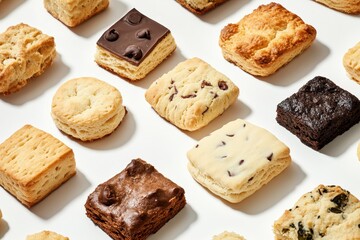 A variety of baked goods arranged neatly on a white surface.