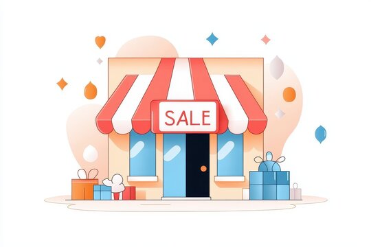 recommend clip art: Elegant Minimal Line Art Storefront with 'Sale' Sign on Soft Pastel Background, Vector Illustration