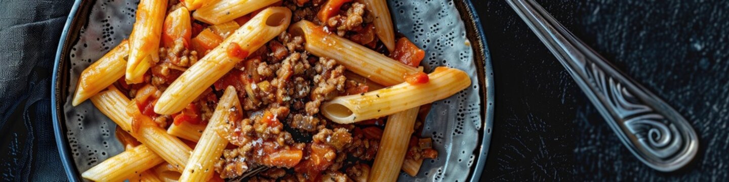 Close-up of traditional casarecce al bronzo pasta served with minced meat and tomato ragu on a stylish Nordic design plate.