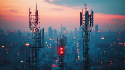 Telecommunication towers at dusk with a cityscape backdrop, highlighting urban connectivity and modern infrastructure.