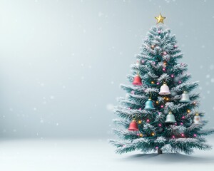 Obraz premium A snowy Christmas tree with twinkling lights and colorful ornaments against a soft blue backdrop.