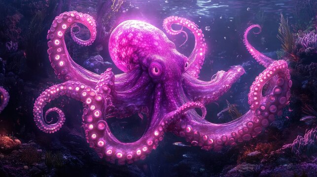 Fantastical marine life: A pink octopus with glowing, surreal tentacles, floating in a digital art world