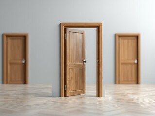 Three wooden doors, one open, in a room with wood floors. Concept of opportunity, choice, and new beginnings.