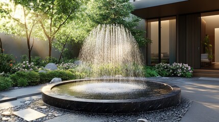 Modern fountain with cascading water. Perfect for showcasing peace and tranquility in a contemporary design.