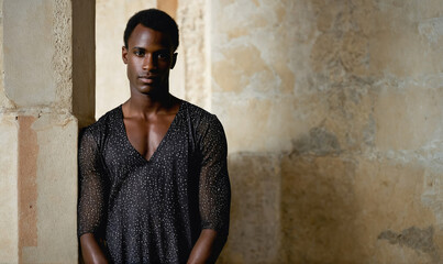 Obraz premium A man in a patterned shirt stands against a wall in an ancient building