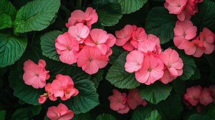 Floral harmony: A vibrant display of pink flowers set against green leaves, forming a picturesque and calming background