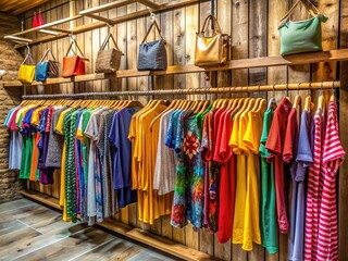 Colorful garments suspended from rustic wooden dowels adorn the walls of a trendy boutique, inviting customers to explore the curated fashion collection within.