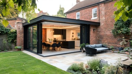 Modern home extension with glass doors. Perfect for showcasing home design, architecture, or interior design.