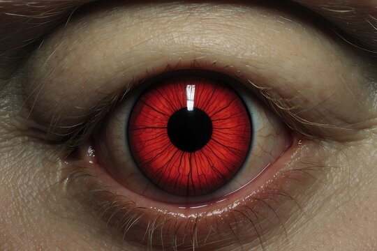 Fierce scary red eyes on a dark textured face. Demonic eyes. Concept of Halloween, horror, evil spirits, supernatural beings, demons