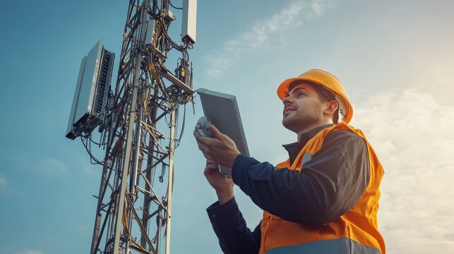Telecommunications technician working on a communication tower, ensuring proper installation and maintenance of equipment outdoors.