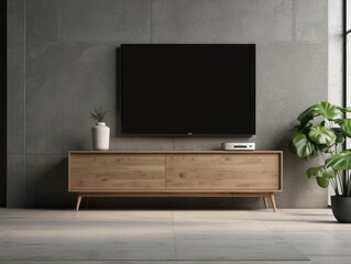 Modern Living Room with Flat Screen TV, Wooden Console, and Plant