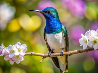 "A photo image of a white-necked jacobin perched on a branch of a flowering tree, its iridescent feathers shimmering in the sunlight."