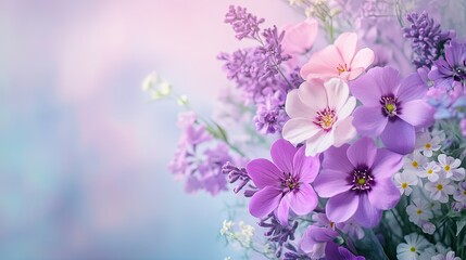 Fototapeta premium Gentle colors: A bouquet of purple and pink flowers on a pastel background, a soothing and visually pleasing image