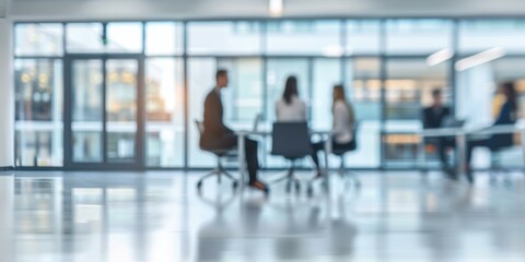 A blurry image of a group of people sitting at tables in an office. AI.
