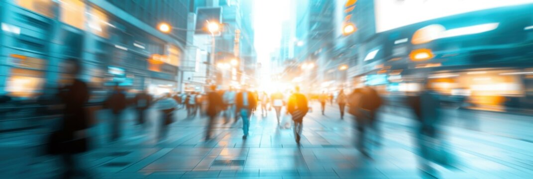 A blurry image of people walking down a city street. AI.