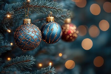 Close up of Christmas tree ornaments, a red and a gold one, on a green tree with lights in the background.
