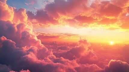 Idyllic morning sunrise: A stunning sunrise sky with vibrant orange and pink clouds, casting a warm glow across the horizon