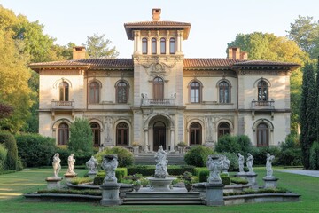 A grand mansion surrounded by manicured gardens and sculptures.