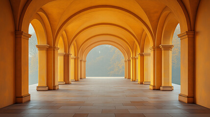An arched hallway with evenly spaced, identical doorways along both sides, leading to a vanishing point in the distance, with copy space