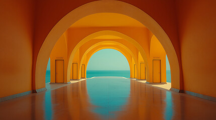 An arched hallway with evenly spaced, identical doorways along both sides, leading to a vanishing point in the distance, with copy space