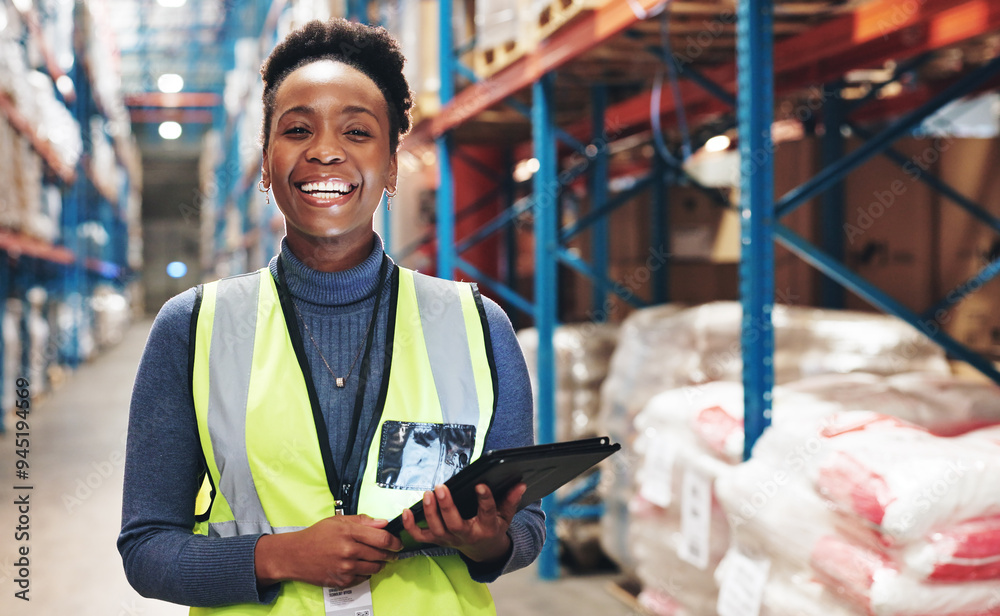 Poster Black woman, portrait and tablet in warehouse for inspection, inventory check and stock management for web. Logistic, employee or supervisor with digital for shipping order, quality control and smile