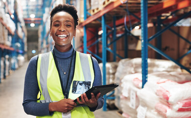 Black woman, portrait and tablet in warehouse for inspection, inventory check and stock management...