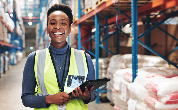 Black woman, portrait and tablet in warehouse for inspection, inventory check and stock management for web. Logistic, employee or supervisor with digital for shipping order, quality control and smile