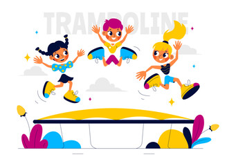 Vector Illustration of a Little Boy or Girl Jumping on a Trampoline, Enjoying Summer Outdoor Activities with a Flat Style Cartoon Background